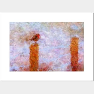 Winter Robin on a Fence Impressionist Painting Posters and Art